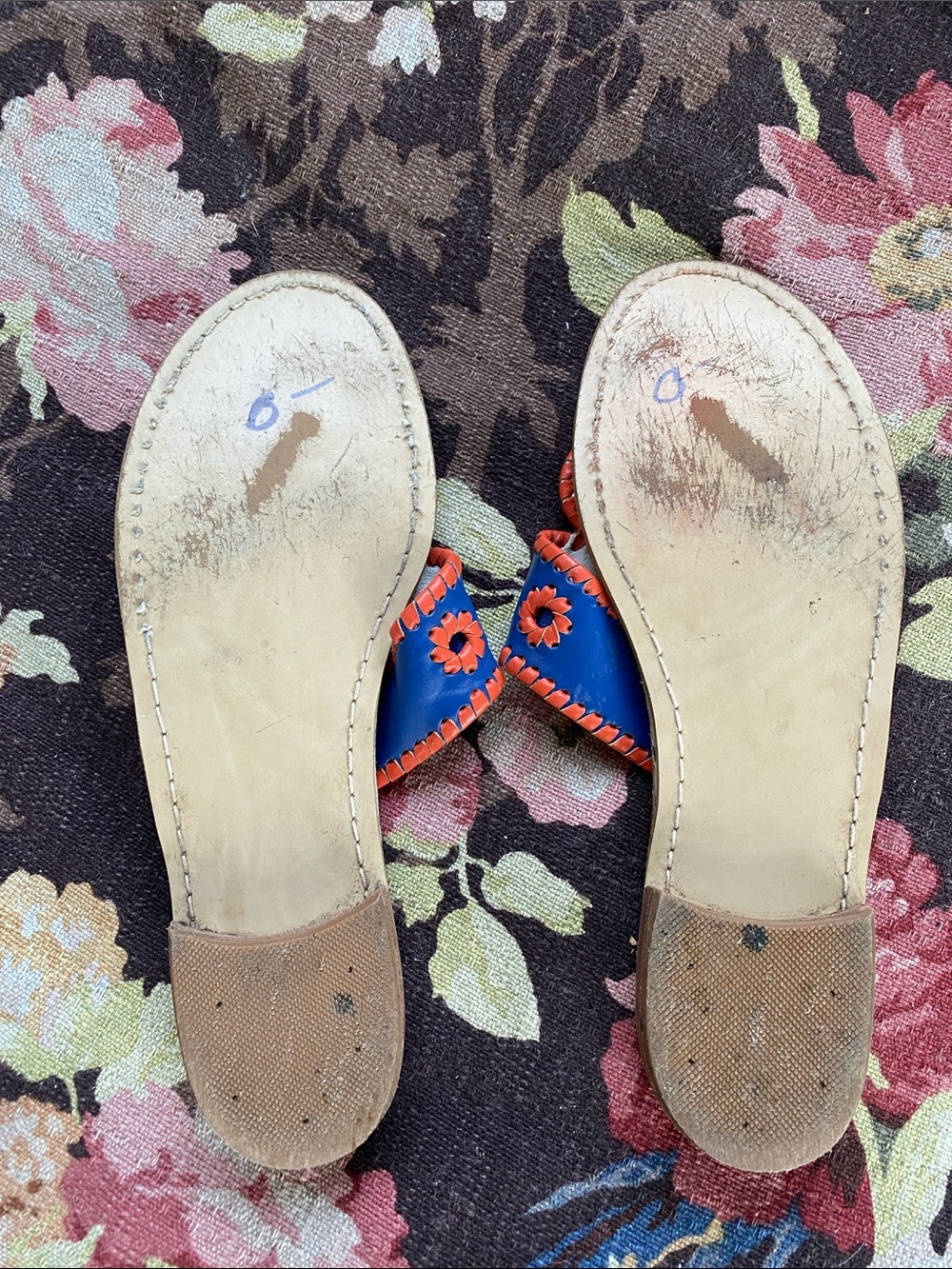 Jack Rogers Blue Leather Slide Sandals with Orange Whipstitch - Picture 3 of 4